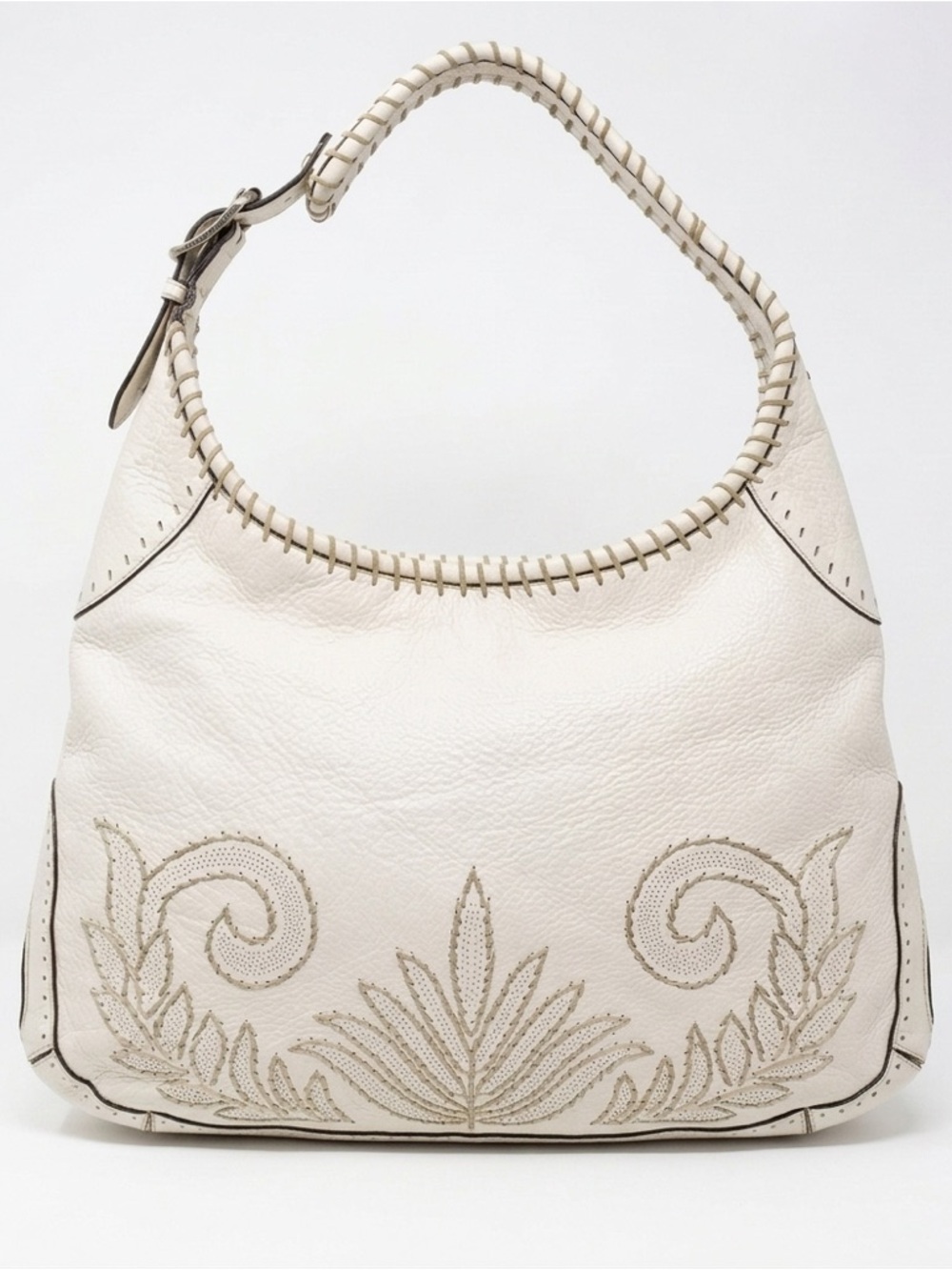 Cole Haan Floral Embroidered Leather Hobo Bag Ivory Whipstitch Shoulder Purse